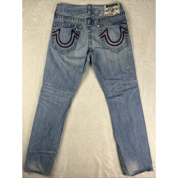 True Religion Jeans Mens Light Blue Size 31 x 32 with Red Stitch Made In USA Y2K - Picture 9 of 11